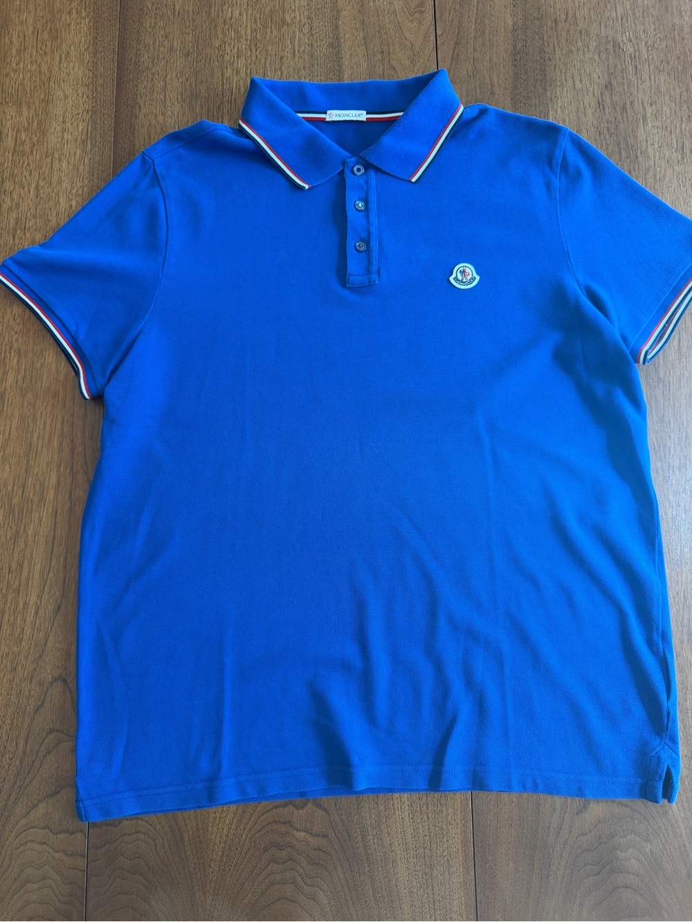 Moncler Bright Blue Polo with Tricolor Collar Trim